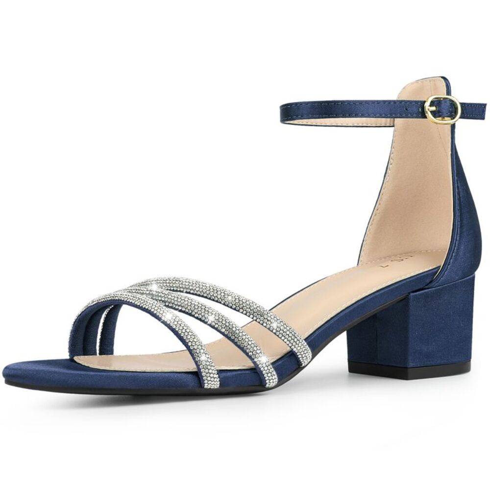 Satin Rhinestones Open Toe Chunky Heel Sandals Navy Blue
